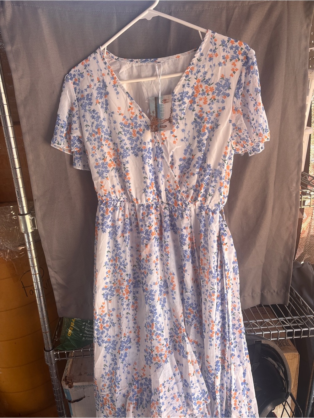 Rachel White Maxi Dress with Blue and Orange Floral Print